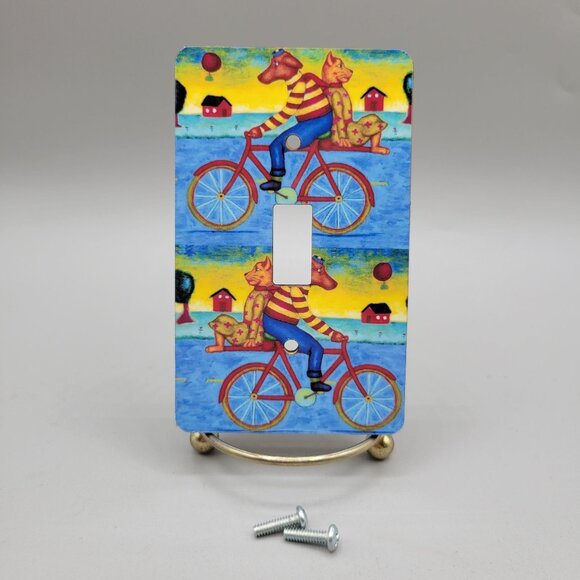 Whimsical Light Switch Cover Plate Dog Cat Riding Bicycle Paperwings Studio - Picture 1 of 4
